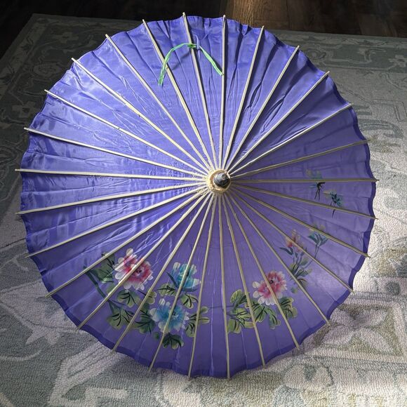 Vintage Hand Painted Japanese Chinese Bamboo Wood Umbrella Parasol - Picture 1 of 9